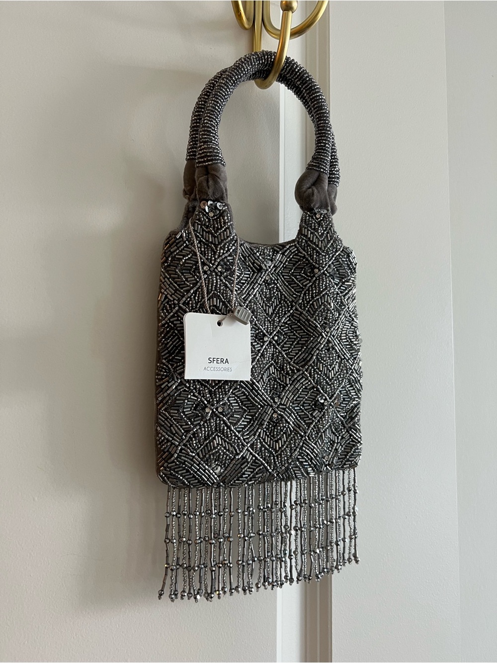 SFERRA Black & Silver Beaded Fringe Evening Tote